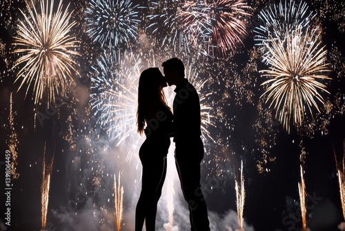 Obraz na płótnie A silhouetted couple sharing kiss against backdrop of vibrant fireworks, creating romantic and celebratory atmosphere. scene captures joy and excitement of special moment w salonie