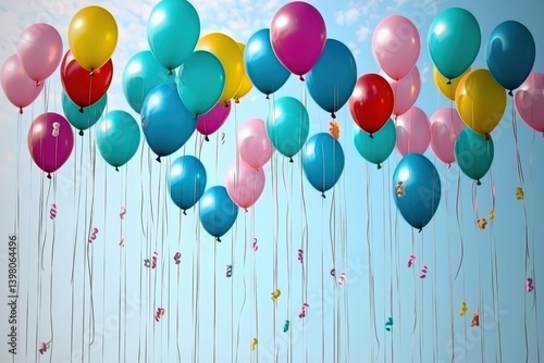 Obraz na płótnie A Vibrant balloons drifting into clear blue sky create joyful and festive atmosphere, perfect for celebrations and special occasions. colorful display evokes feelings of happiness and freedom w salonie