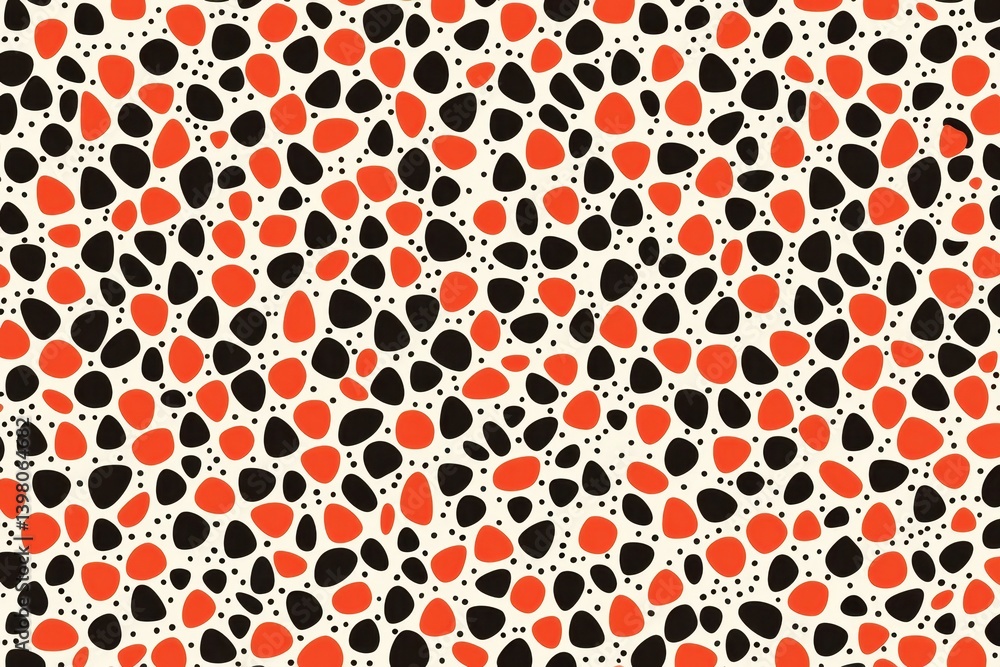 A vibrant and playful pattern featuring irregular shapes in red, black, and cream colors, creating lively and dynamic visual effect. Perfect for various design applications