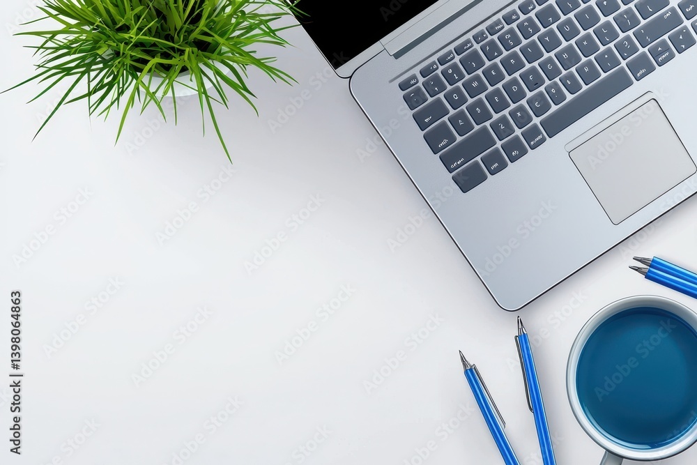 A modern workspace featuring laptop, green plant, blue pens, and cup of water, creating refreshing and organized atmosphere for productivity and creativity