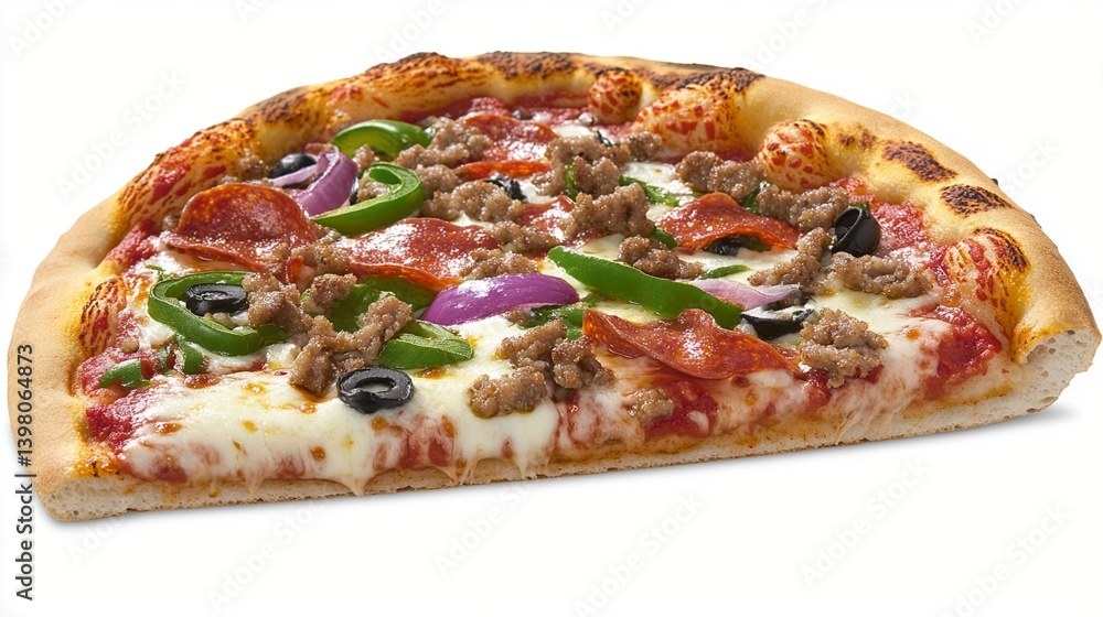 A delicious slice of pizza loaded with pepperoni, sausage, green peppers, onions, and black olives, perfect for satisfying your cravings and indulging in a flavorful treat. A delicious slice of pizza loaded with pepperoni, sausage, green peppers, onions, and black olives, perfect for satisfying your cravings and indulging in a flavorful treat.