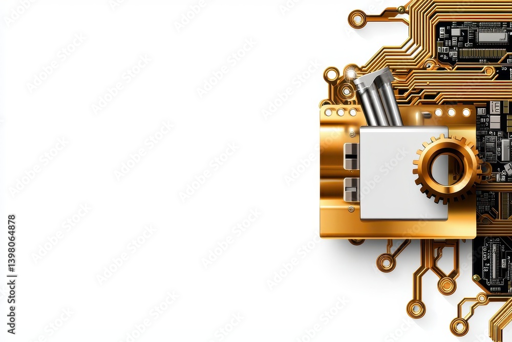 A digital illustration featuring golden gear and circuit board elements, symbolizing technology and innovation. design conveys sense of modernity and efficiency in digital data protection