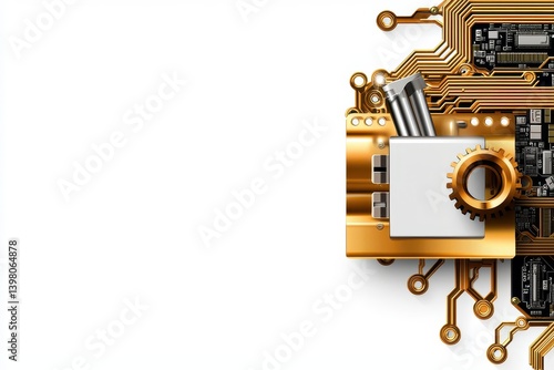 Obraz na płótnie A digital illustration featuring golden gear and circuit board elements, symbolizing technology and innovation. design conveys sense of modernity and efficiency in digital data protection w salonie