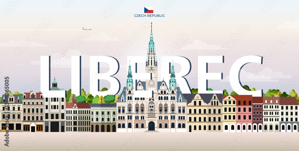 Liberec cityscape colorful vector illustration with big city name on the background. Travel trendy poster