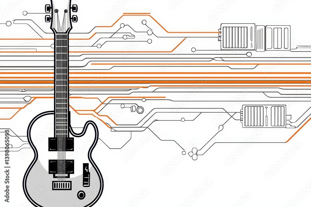 A modern electric guitar is depicted alongside abstract circuit patterns, symbolizing fusion of music and technology. design features sleek lines and minimalist aesthetic, evoking creativity