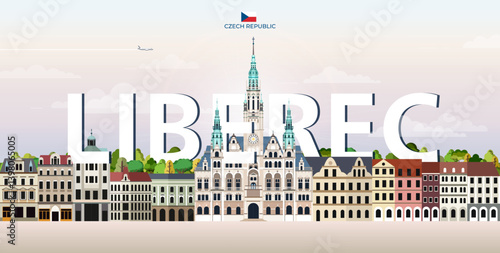 Obraz na płótnie Liberec cityscape colorful vector illustration with big city name on the background. Travel trendy poster w salonie