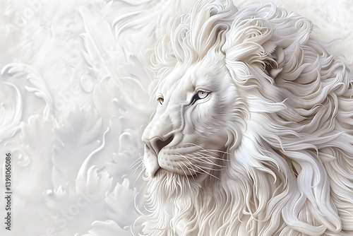 There is a white lion with blue eyes standing in the snow