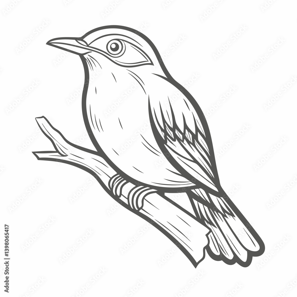 Naklejka premium Red-Eyed Vireo Line Art on Branch Illustration