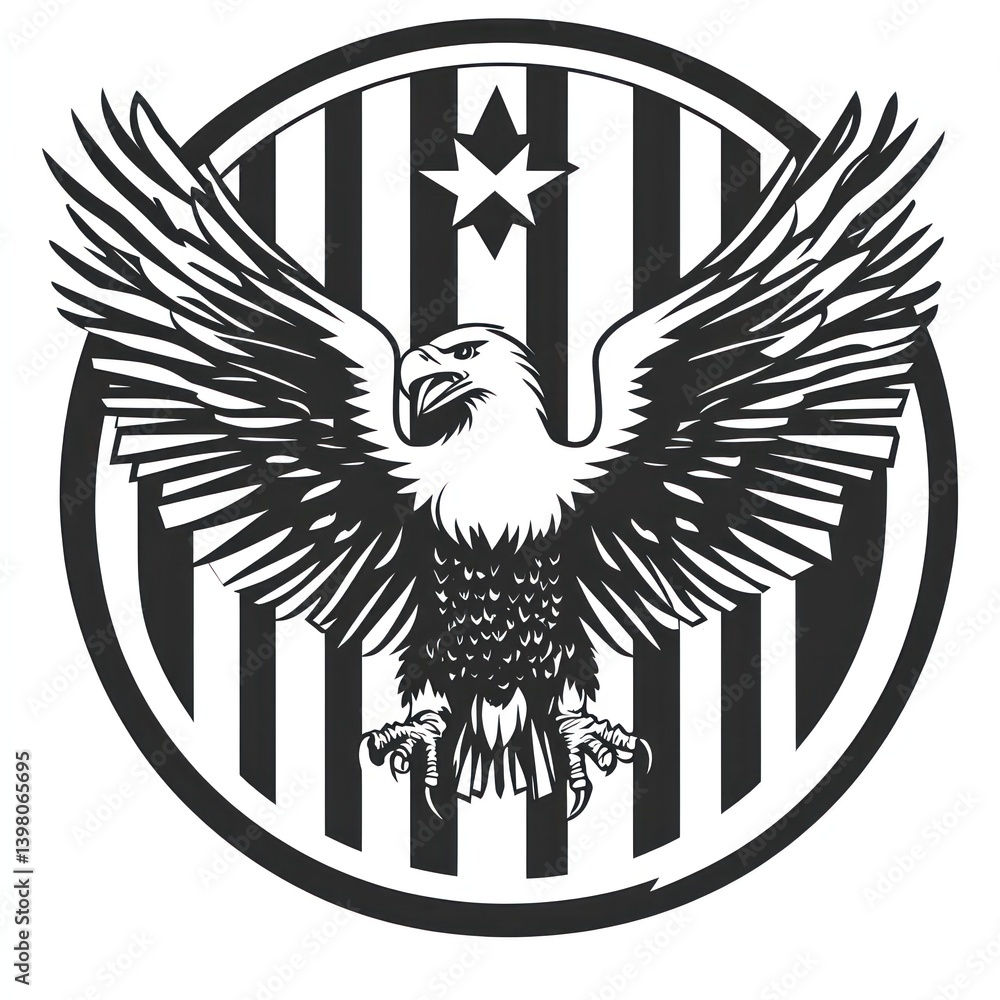 Bald eagle soaring, striped shield background, freedom symbol, logo design. Bald eagle soaring, striped shield background, freedom symbol, logo design.