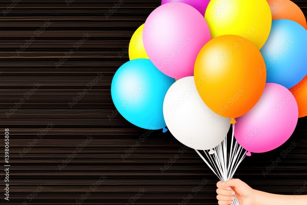 A Colorful balloons held in hand create joyful and festive atmosphere, perfect for celebrations and parties. vibrant colors include pink, blue, orange, and white, enhancing cheerful mood