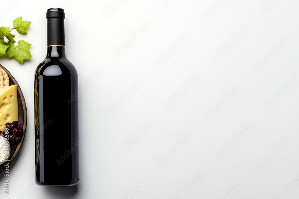 A sleek black wine bottle stands elegantly next to gourmet cheese platter adorned with various cheeses, grapes, and nuts, creating perfect pairing for delightful tasting experience