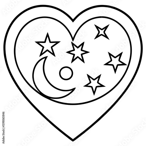 Moonlit Heart with Starry Line Art