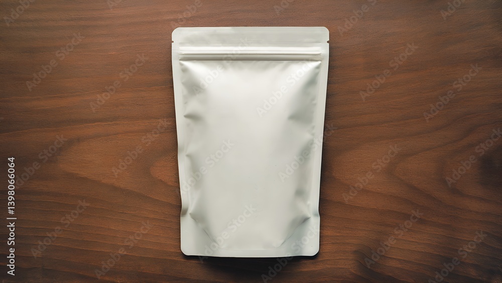 A silver resealable foil pouch for food or other products sits on a wood-grain surface. Use this image as a placeholder for packaging design. A silver resealable foil pouch for food or other products sits on a wood-grain surface. Use this image as a placeholder for packaging design.