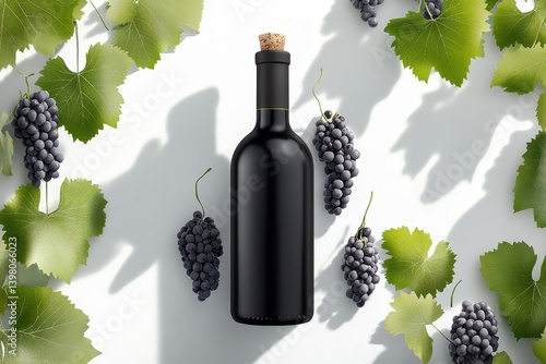 Obraz na płótnie A Luxurious black wine bottle surrounded by fresh green grape leaves and dark grapes, creating elegant and inviting atmosphere for wine enthusiasts w salonie