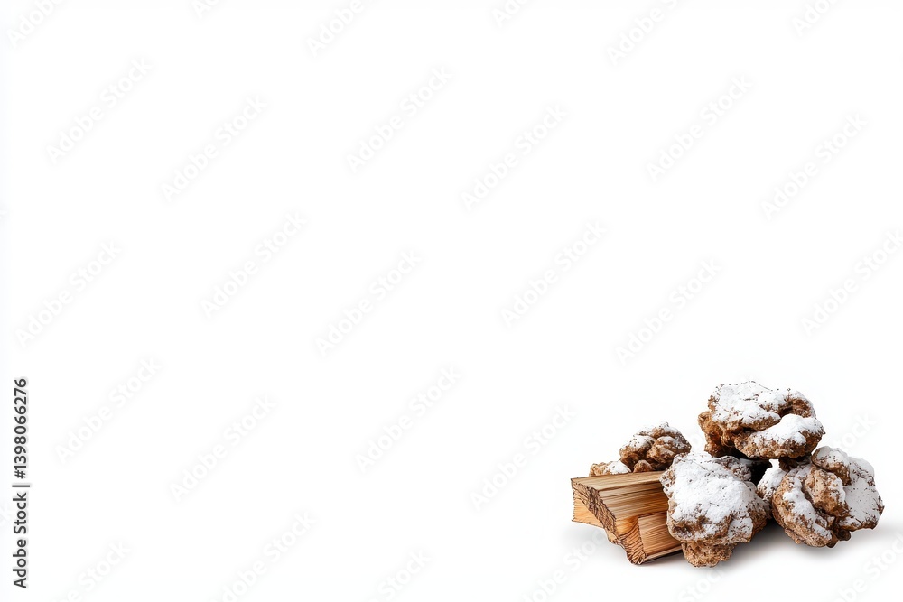 A Delicious baked cookies dusted with powdered sugar are arranged next to stack of wooden logs, creating cozy and inviting atmosphere perfect for warm gathering