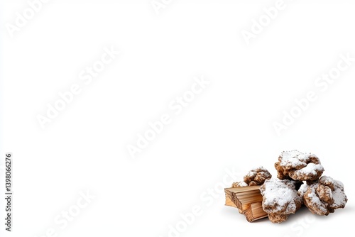 Obraz na płótnie A Delicious baked cookies dusted with powdered sugar are arranged next to stack of wooden logs, creating cozy and inviting atmosphere perfect for warm gathering w salonie
