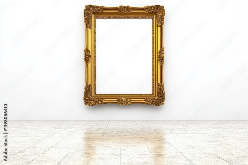 An Elegant gilded picture frame on minimalist wall, showcasing luxurious ambiance in spacious room. frame is empty, inviting creativity and imagination