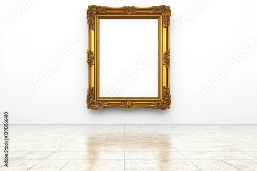 Obraz na płótnie An Elegant gilded picture frame on minimalist wall, showcasing luxurious ambiance in spacious room. frame is empty, inviting creativity and imagination w salonie
