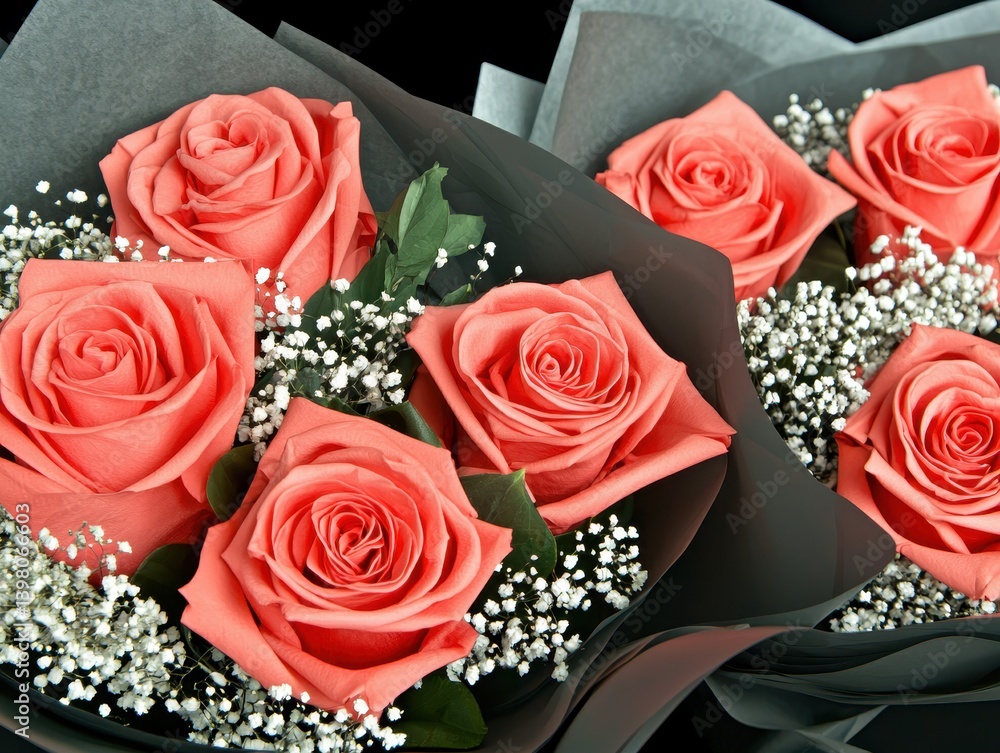 A Beautiful coral roses arranged in elegant black and gray wrapping, complemented by delicate baby breath, create stunning floral display perfect for celebrations or gifts