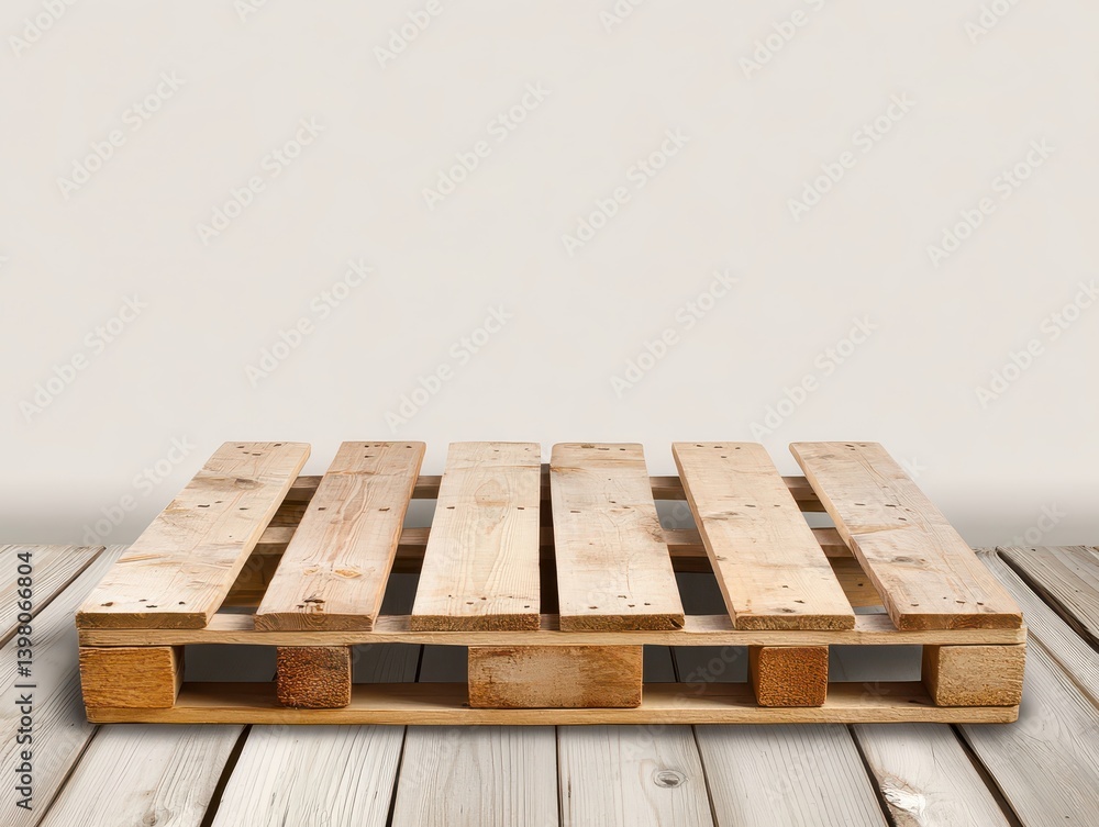 A wooden pallet is displayed on wooden surface, showcasing its structure and design. neutral background emphasizes natural texture and color of wood, creating simple yet effective visual