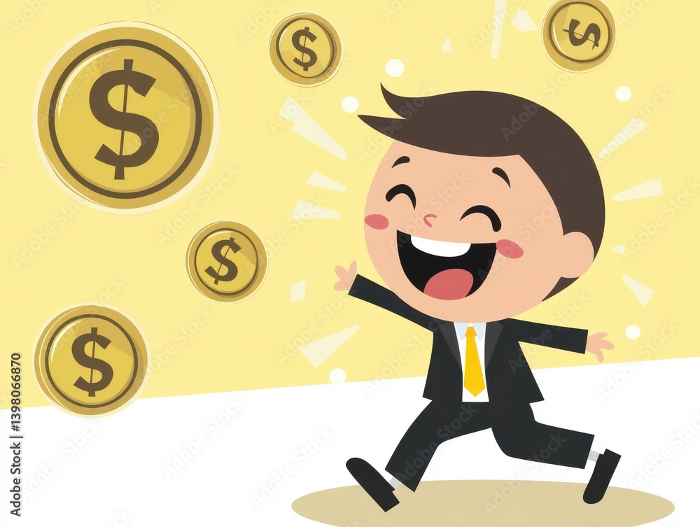 A cheerful cartoon boy in suit joyfully running with floating coins around him, symbolizing wealth and happiness. bright background enhances feeling of excitement and success