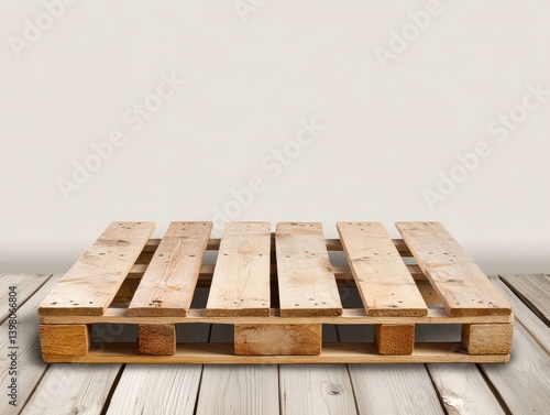 Obraz na płótnie A wooden pallet is displayed on wooden surface, showcasing its structure and design. neutral background emphasizes natural texture and color of wood, creating simple yet effective visual w salonie