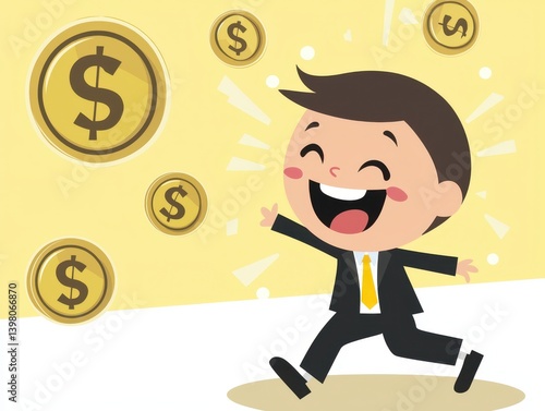 Obraz na płótnie A cheerful cartoon boy in suit joyfully running with floating coins around him, symbolizing wealth and happiness. bright background enhances feeling of excitement and success w salonie