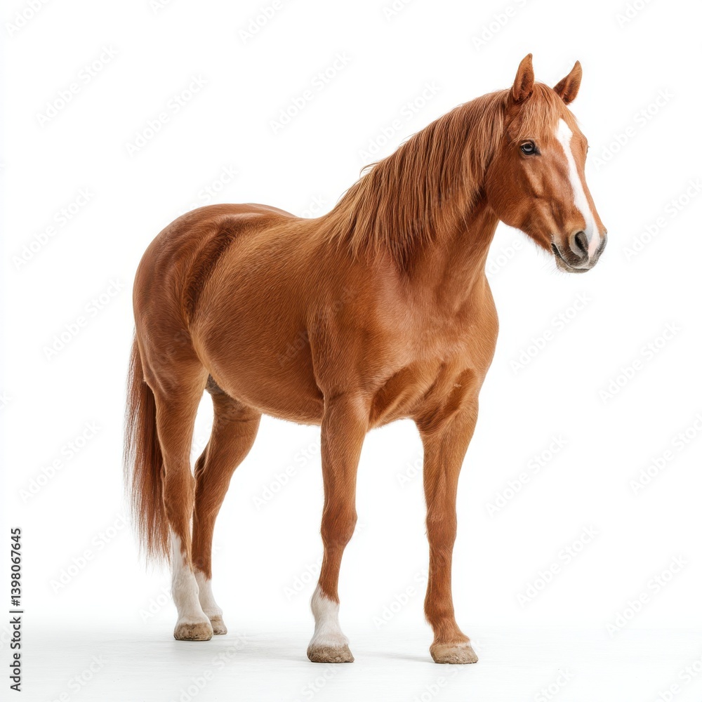 Obraz premium Chestnut horse standing tall with a white blaze isolated on white background