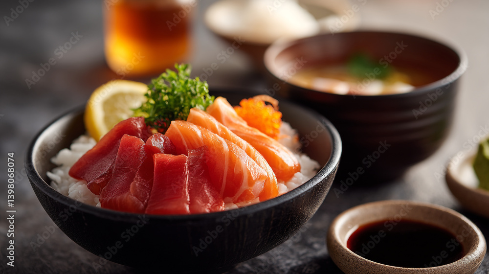Sushi donburi bowl with salmon and tuna sashimi japanese food photography and delicious gourmet meal Sushi donburi bowl with salmon and tuna sashimi japanese food photography and delicious gourmet meal