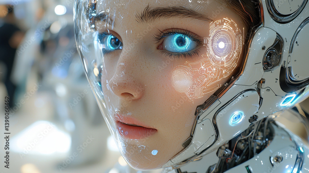 Humanoid robot with expressive synthetic face showcases emotional intelligence at technology expo