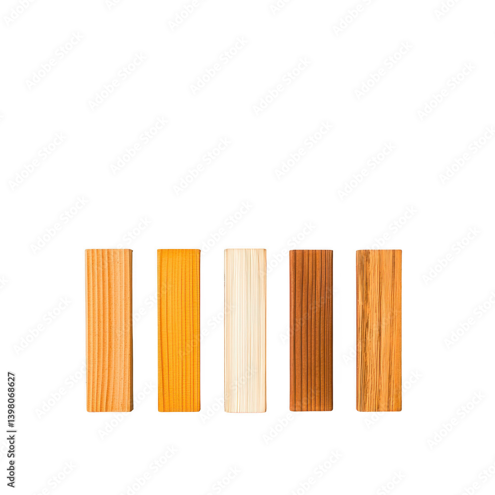 Obraz premium Five wooden blocks in varying shades of brown are arranged in row against transparency background, showcasing different wood textures and colors