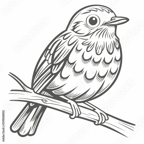 Hermit Thrush Bird Line Art on Branch
