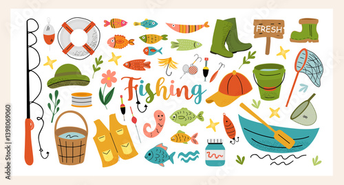 Colorful flat style vector fishing set with rods, fish, hooks, baits, boots, boat, and accessories. Hand drawn summer clipart for kids, posters, cards, and prints