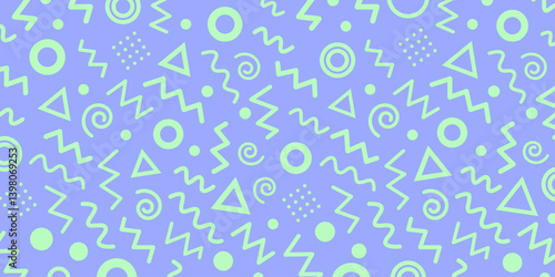 Bright Memphis style background with abstract lime green shapes on saturated purple surface inspired by retro 80s and 90s design