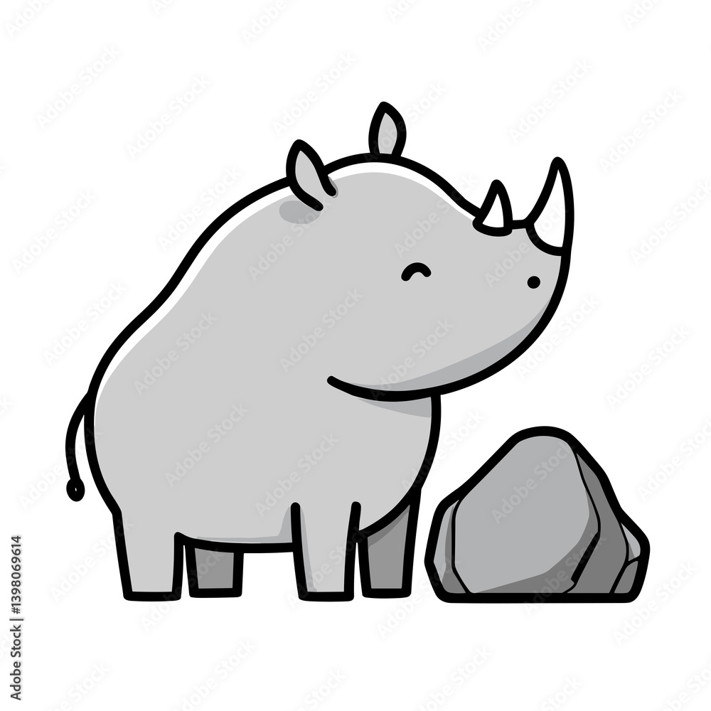 Cartoon Rhino Standing Beside Rock on White Background Cartoon Rhino Standing Beside Rock on White Background
