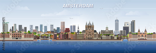 Amsterdam city skyline on gradient beautiful day sky background. Vector illustration