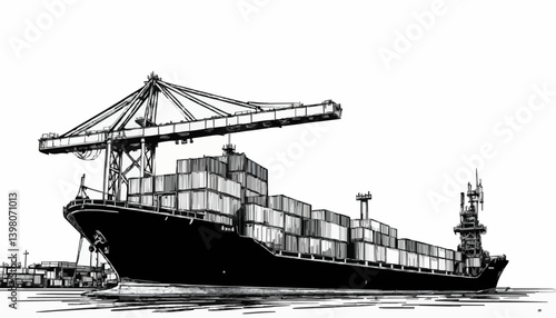 A black and white high-contrast illustration of a large cargo ship docked at a port