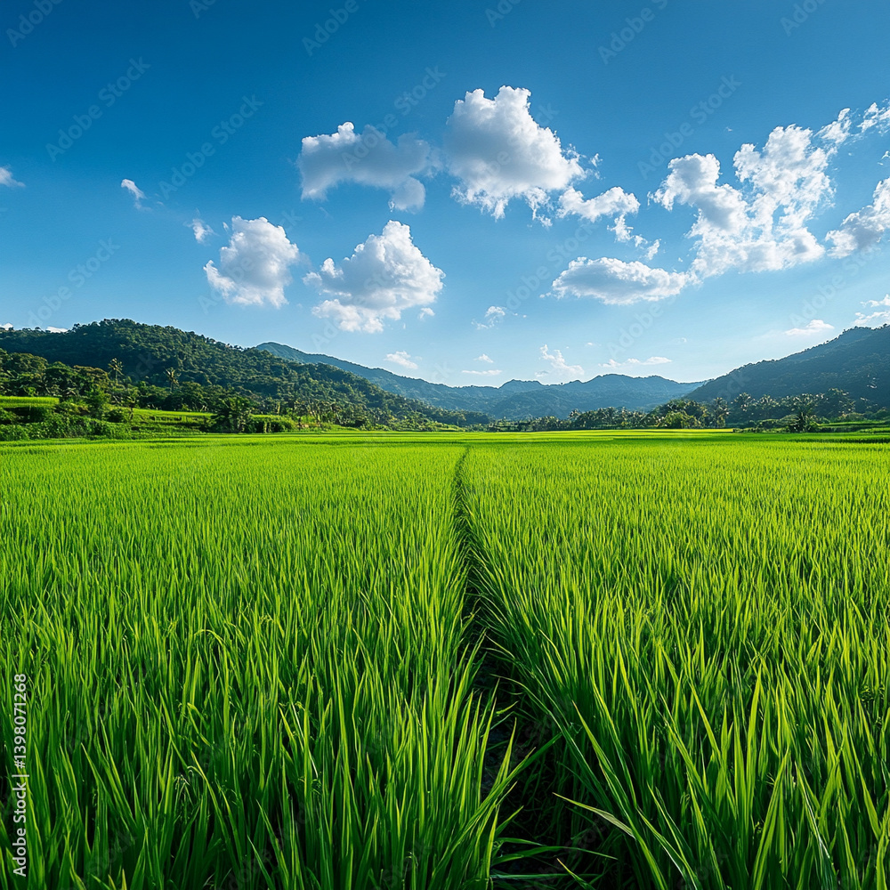 Fototapeta premium Lush green rice fields under a bright blue sky