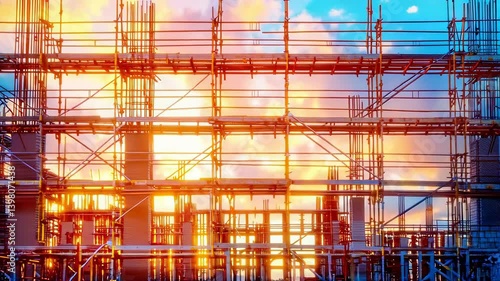 Wallpaper Mural Construction site scaffolding framework rising against golden sunset, highlighting urban development progress with warm evening light illuminating structural elements Torontodigital.ca