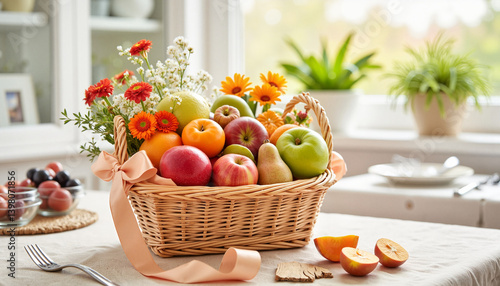 Vibrant fruit basket decorated with flowers on a kitchen table  