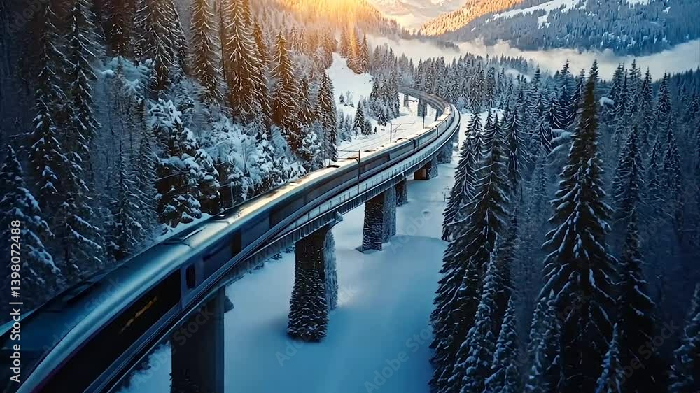 High-speed train traversing a snowy mountain viaduct