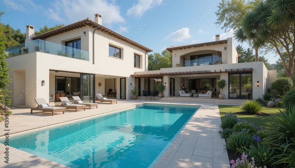Fototapeta premium Luxury home with a stunning pool, perfect for relaxation and entertainment. The architecture is clean and the scenery is beautiful.
