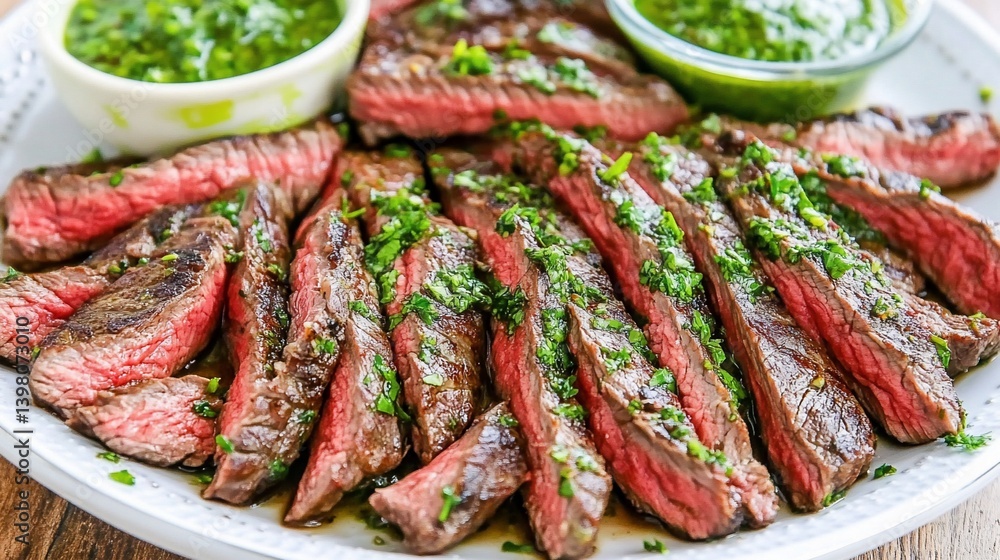Sliced grilled steak with a vibrant green sauce. Generous portions of tender, flavorful meat, topped with fresh herbs, showcasing a delicious culinary presentation Sliced grilled steak with a vibrant green sauce. Generous portions of tender, flavorful meat, topped with fresh herbs, showcasing a delicious culinary presentation