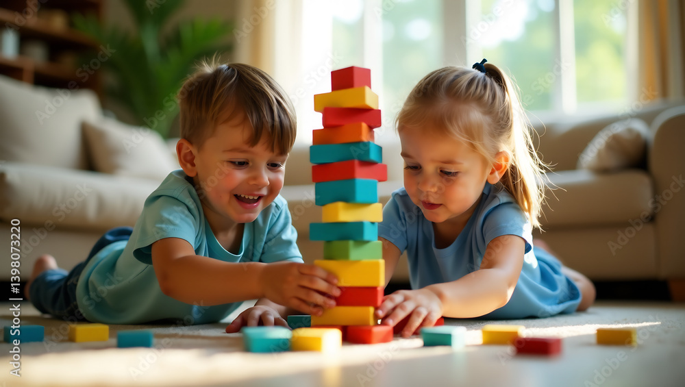 Imaginative Heights: Siblings Building Colorful Tower Together Imaginative Heights: Siblings Building Colorful Tower Together