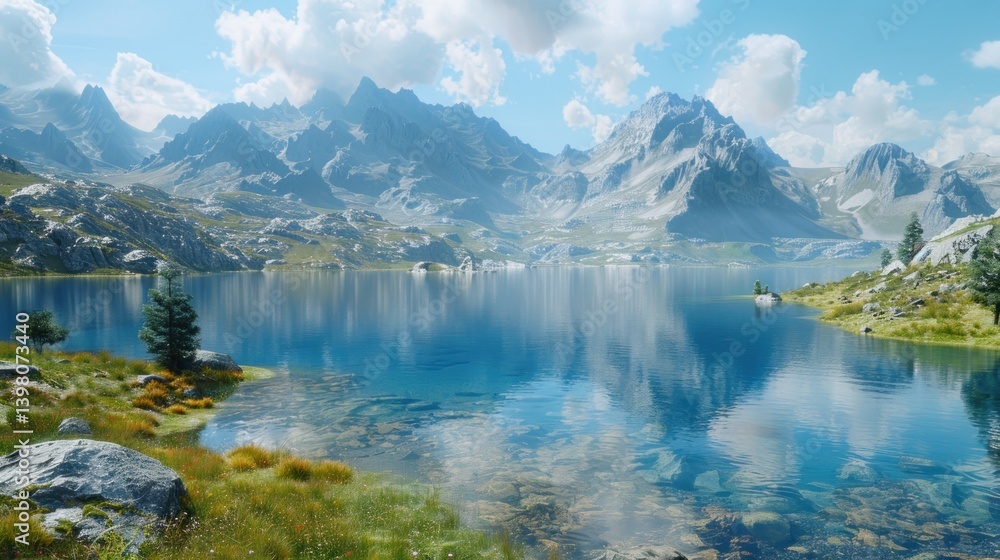 Naklejka premium Serene lake reflects majestic mountains under a bright, cloudy sky, with greenery in foreground.