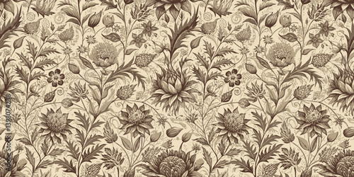 Intricate floral patterned wallpaper in warm brown tones.