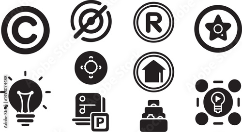 Black and white icons, minimalist design, copyright symbol, public domain symbol, registered trademark, star rating, lightbulb idea, compass, house icon, parking sign, briefcase, innovation concept