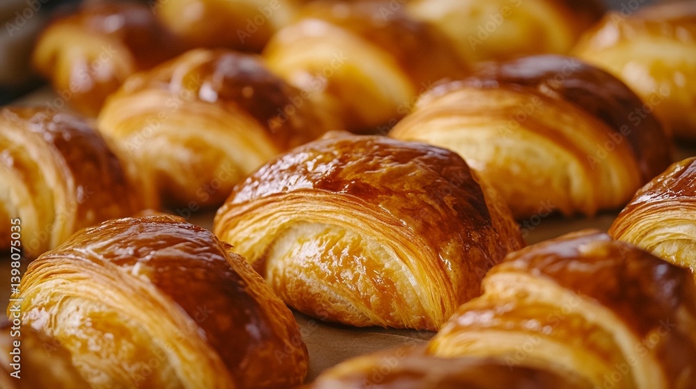 Golden-brown croissants freshly baked, arranged on a baking sheet. Golden-brown croissants freshly baked, arranged on a baking sheet.
