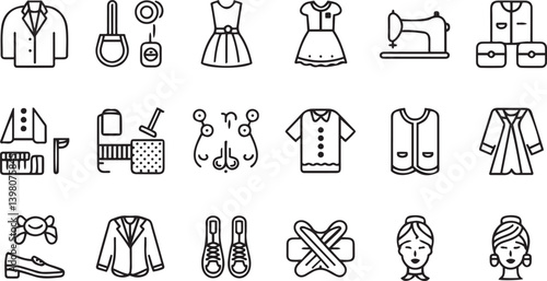 Fashion icons, clothing outlines, sewing accessories, dress patterns, tailoring tools, garment illustrations, minimalist design, black and white line art, fashion industry symbols, clothing styles, 