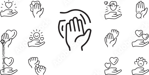Hand gestures, heart symbols, caring icons, line drawings, simple illustrations, compassion symbols, giving hands, waving hand, clapping hands, palm reading, emotional expressions, love and support